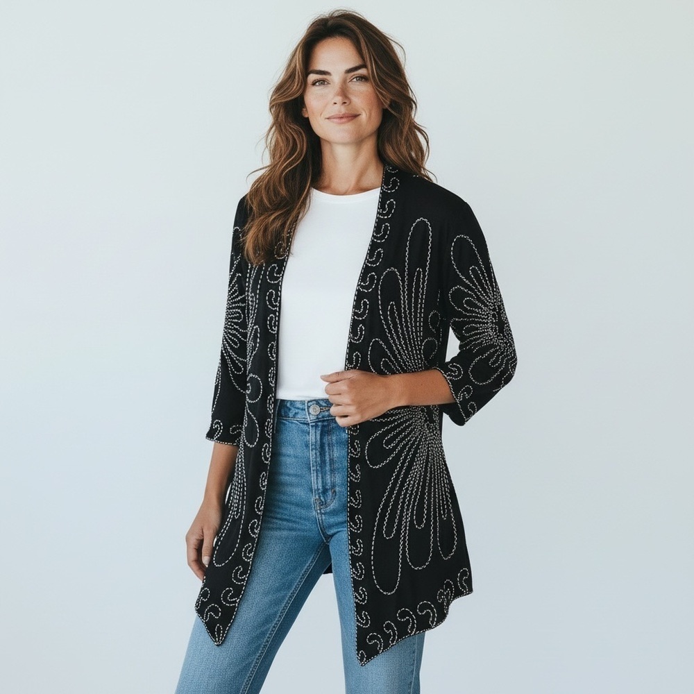 Once Again black/white detailed cardigan,. Size M Excellent condition.